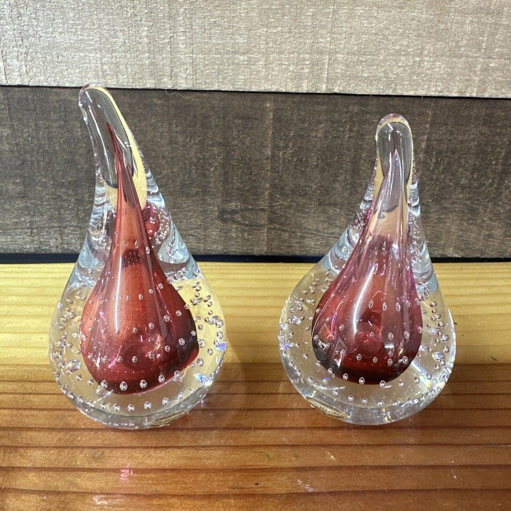 Adam Jablonski Art Glass Paperweight Controlled Bubble Teardrop Cranberry Poland